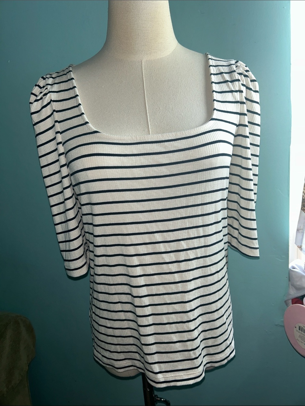 Banana Republic White & Black Striped Square-Neck Short Sleeve Top
